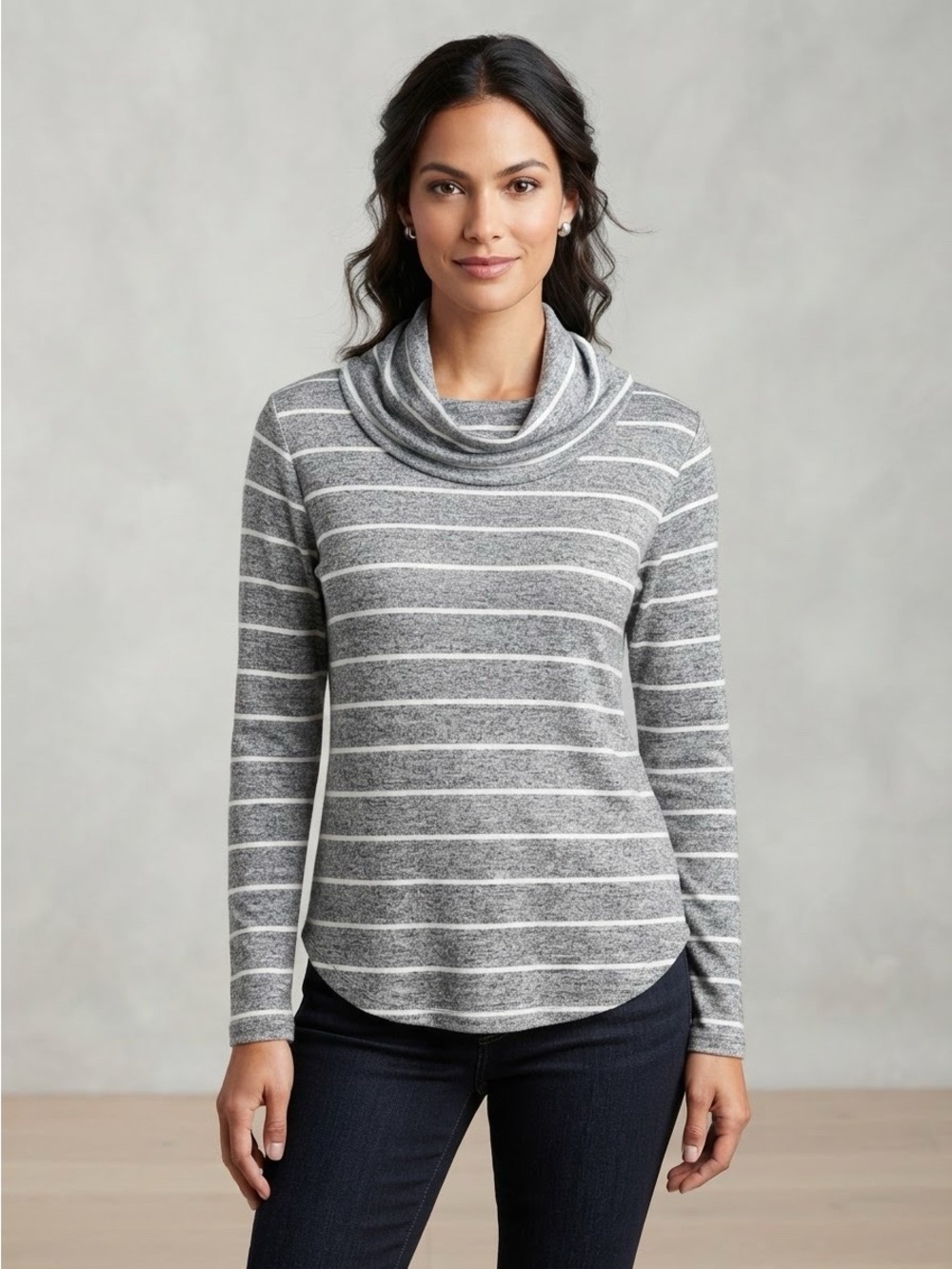 Lucky Brand Gray & White Striped Cowl Neck Sweater